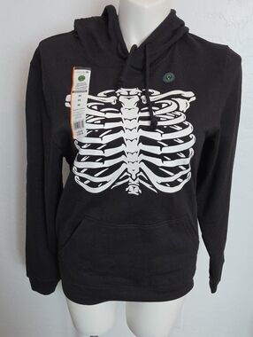 Celebrate It Halloween Black Pullover Hoodie with White Skeleton Graphic